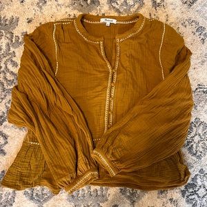 Madewell Button-up Long Sleeve Peplum Top Mustard Gauze Size Small